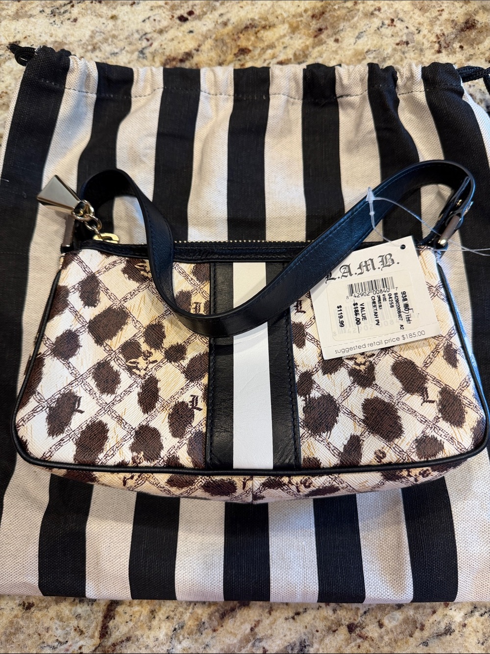 L.A.M.B. Brown and White Leopard-Print Shoulder Bag with Black Stripe
